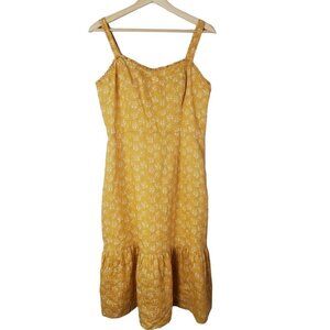 Cynthia Rowley Dress Women 8 Yellow Floral 100% Linen Sheath Ruffle Midi peasant